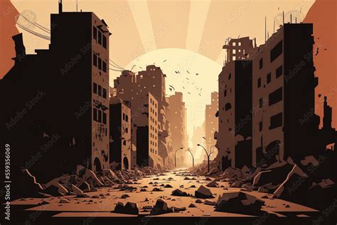 War Torn City With Smoke Filled Abandoned Buildings Cartoon Image Of A