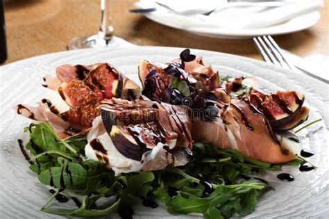 Traditional Italian Salad Made With Figs Prosciutto Dry Cured Ham Or