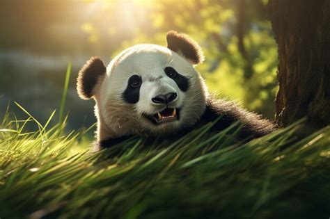 Un Oso Panda Con Una Nariz Negra Y Una Cara Blanca Y Ojos Negros Foto