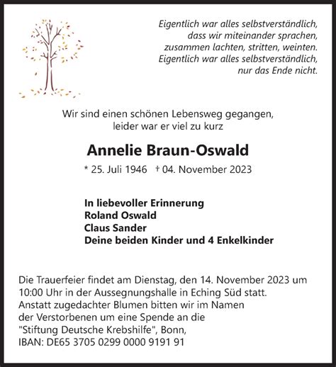 Traueranzeigen Von Annelie Braun Oswald Sz Gedenken De