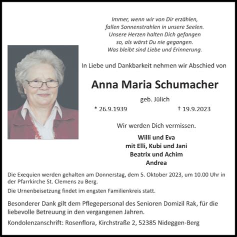 Traueranzeigen Von Anna Maria Schumacher Aachen Gedenkt