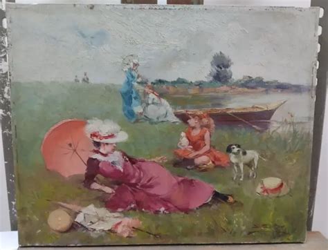 Tableau Ancien Huile Portrait De Scene Personnages C T De La Rivi Re