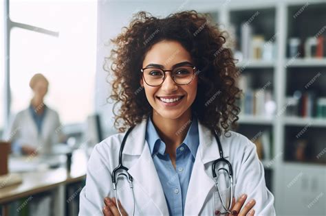 Premium Ai Image Beautiful Female Doctor In White Coat With Stethoscope Waist Up Medical