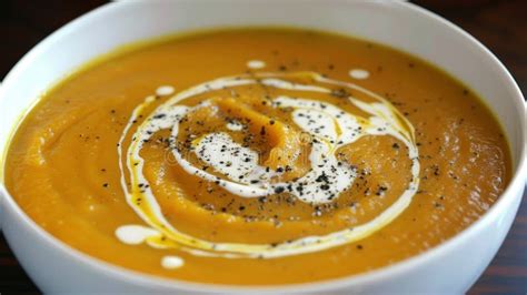 Homemade Creamy Butternut Squash Soup With Swirl Garnish Stock Photo