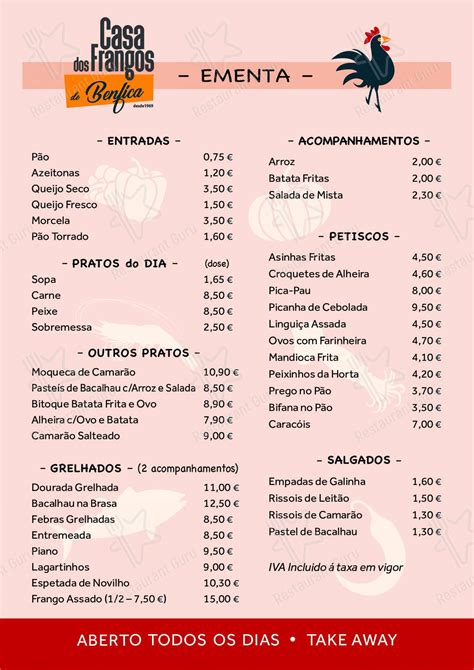 Menu em Casa dos Frangos de Benfica churrascaria Lisboa R Cláudio