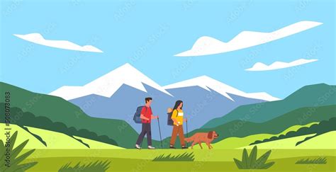 Cartoon People Hike Tourist Couple And Dog Summer Mountains Landscape