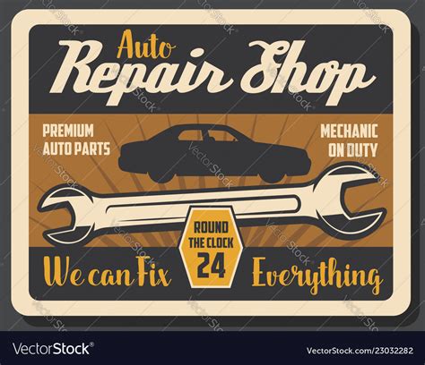 Repair Shop Retro Poster With Wrench And Vehicle Vector Image