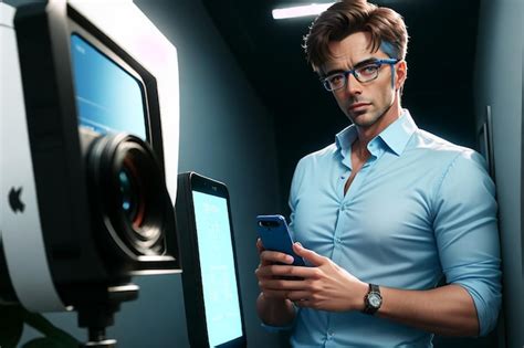 Premium Photo A Man In Glasses Looking At A Tablet