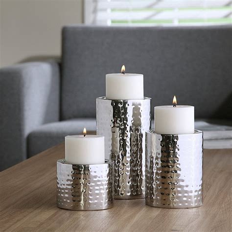 Hosley Pillar Candle Holders Silver Finish Set Of 3 7 5 3 High