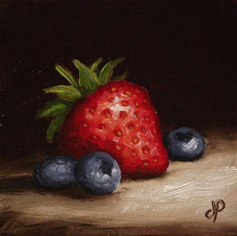 Little Strawberry And Blueberries Original Oil Painting Still Life By