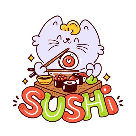 Premium Vector Cute Happy Smiling Cat Eat Sushi Logo Flat Cartoon