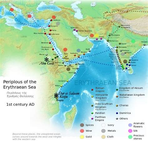 Map of the Roman-era Periplus of the Erythraean Sea with the three ...