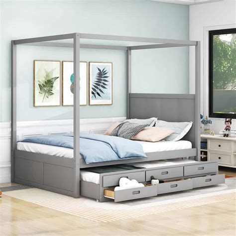 Harper And Bright Designs Gray Wood Frame Queen Size Canopy Bed With Twin