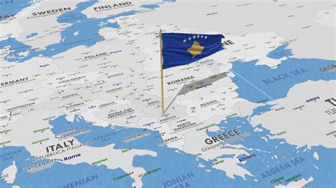 Kosovo Flag Waving With The World Map Seamless Loop In Wind 3D