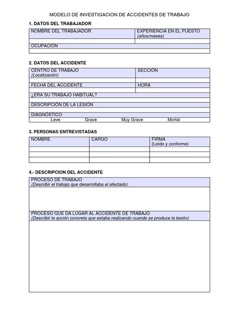 Ficha Modelo De Investigacion De Accidentes Pdf