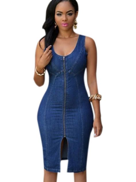 Sexy Full Zipper Front Sleeveless Slim Midi Denim Dress Summer Blue