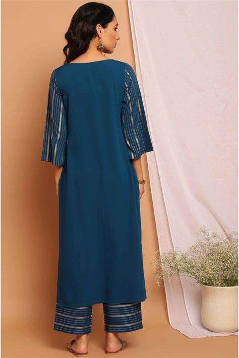 Buy Janasya Peacock Janasya Women S Teal Poly Crepe Striped Kurta With