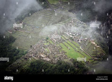 Aerial View Of Village And Terraces Machu Picchu Cusco Region Peru