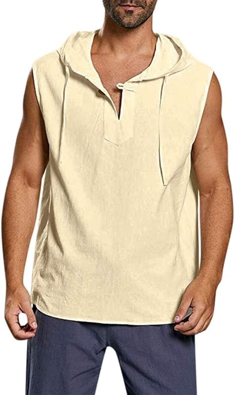 Mens Hooded Shirt Baggy Cotton Linen Solid Button Beach Sleeveless Tank