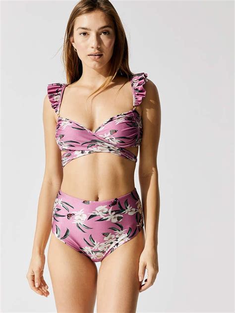 Orchid Print Ruffle Strap Wrap Top Wrap Bikini Bikinis High Waisted