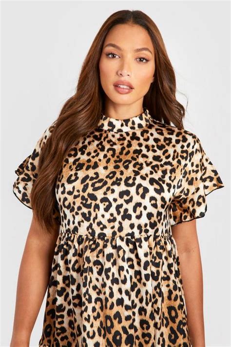 Dresses Tall Leopard Print Funnel Tiered Smock Dress Boohoo