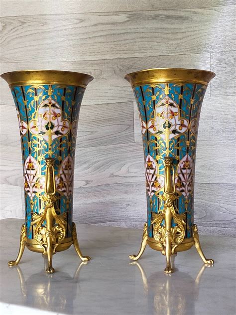 Proantic Paire De Vases En Mail Cloisonn Et Bronze Si