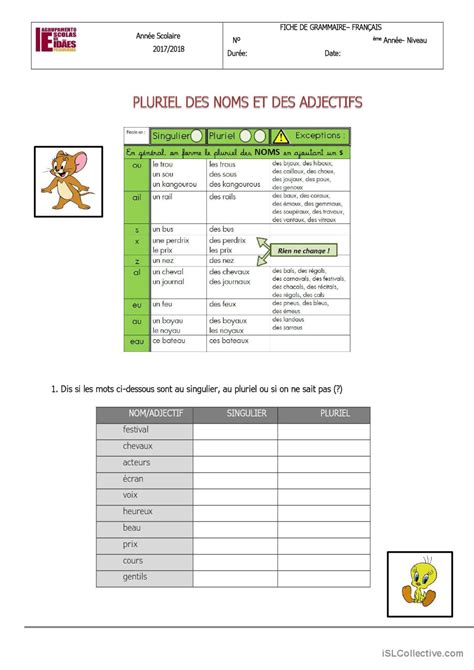 PLURIEL DES NOMS ET DES ADJECTIFS Pr English ESL Worksheets Pdf Doc