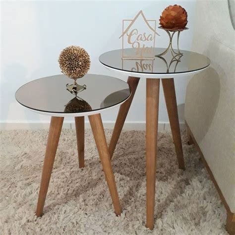 Conjunto Mesa De Canto Lateral Pé Palito Branca Espelho Bronze 40