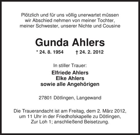 Traueranzeigen Von Gunda Ahlers Nordwest Trauer De