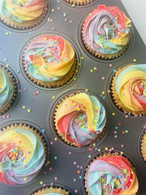 Vanilla Cupcakes With Rainbow Icing Baking With Fay