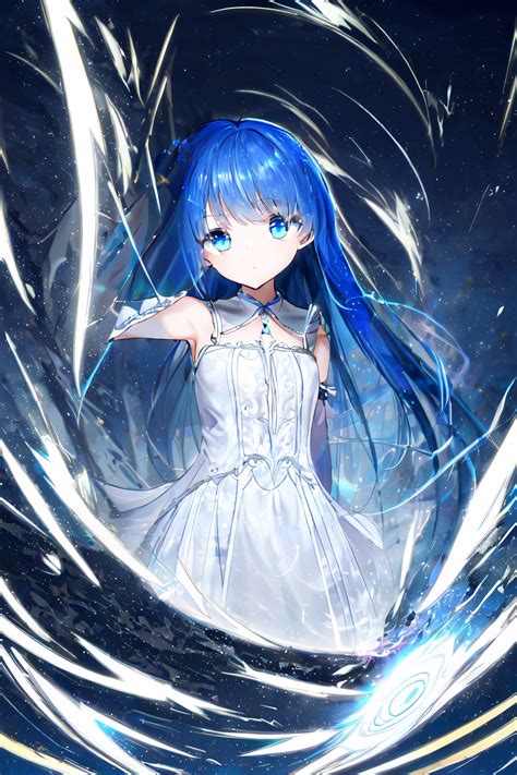 18785 2975873719 1girl Blue Eyes Blue Hair Long Hair Small Breasts White Dress Shattered