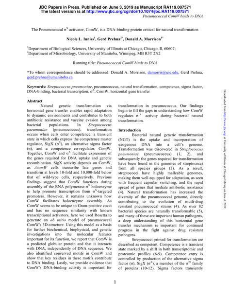 Pdf The Pneumococcal X Activator Comw Is A Dna Binding Protein