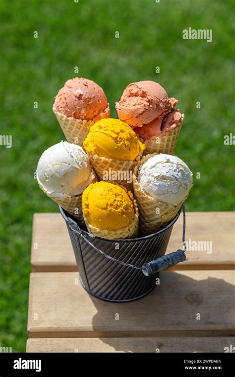 Assorted Ice Cream Flavours In Delightful Waffle Cones A Treat For