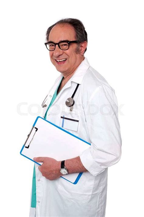 Side View Of Senior Male Doctor Holding Blank Clipboard Isolated On