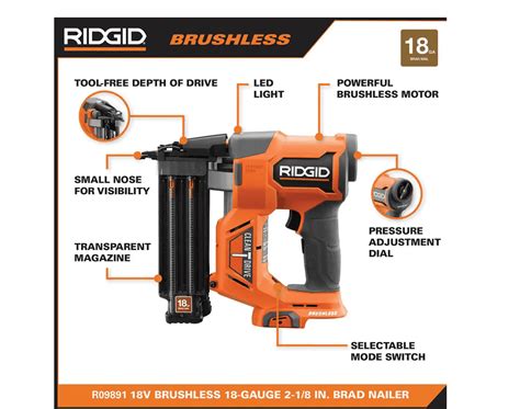 RIDGID R09891K 18V Brushless Cordless 18 Gauge 2 1 8 In Brad Nailer