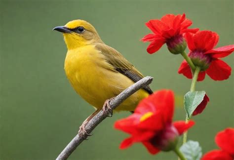 Premium Photo A Yellow Bird With A Yellow Beak Sits On A Branch With Red Flowers