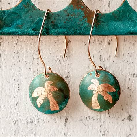 Palm Tree Earrings Beach Themed Gifts Copper Patina Flame Painted