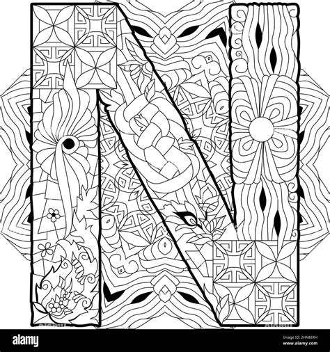 Zentangle Stylized Alphabet Letter N On Mandala For Coloring Vector