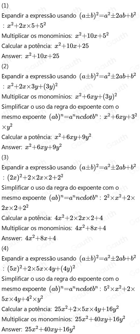 Solved Desenvolva Cada Produto Not Vel Obtendo O Trin Mio Quadrado