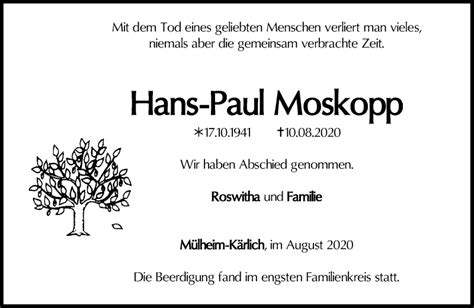 Traueranzeigen Von Hans Paul Moskopp Rz Trauer De