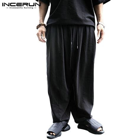 Incerun Mens Fashion Cotton Solid Color Elastic Waist Wide Leg Harem