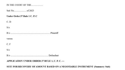 Format For Order 37 Rule 1 Of CPC For Suit For Recovery Of Money