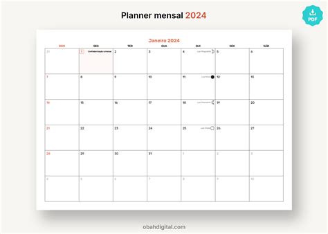 Planner Digital Mensal 2024 Para Imprimir A4 Obah Digital