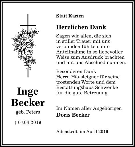 Traueranzeigen Von Inge Becker Trauer Anzeigen De