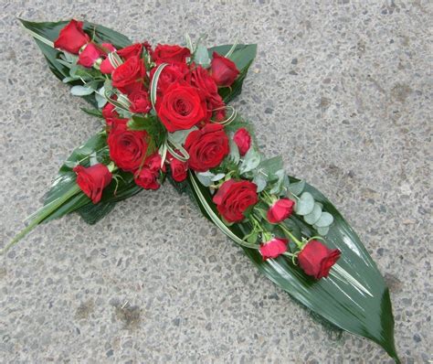 Foliage Cross With Red Roses Sympathy Flowers Funeral Flowers