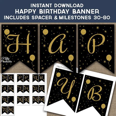 happy birthday banner printable pdf gold - Vernetta Corbin