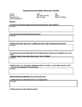 Rti Instruction Fidelity Observation Checklist Worksheet To Evaluate