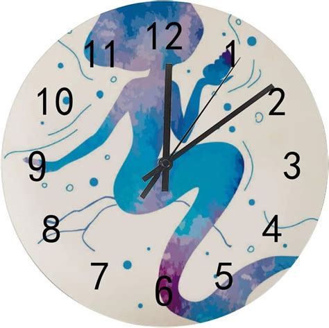 Skysonic Wooden Round Wall Clock Watercolor Mermaid Non Ticking Battery Operated Clocks For Home