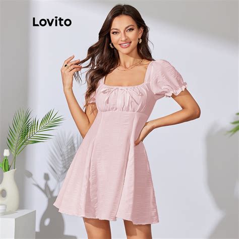 Em Estoque Lovito Vestido Elegante Liso Decote Quadrado Manga