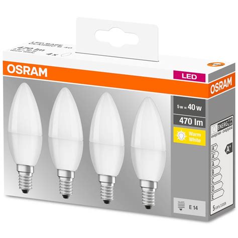 4pak Żarówka Led E14 B35 5w 40w 470lm 2700k Ciepła 300° Osram Base